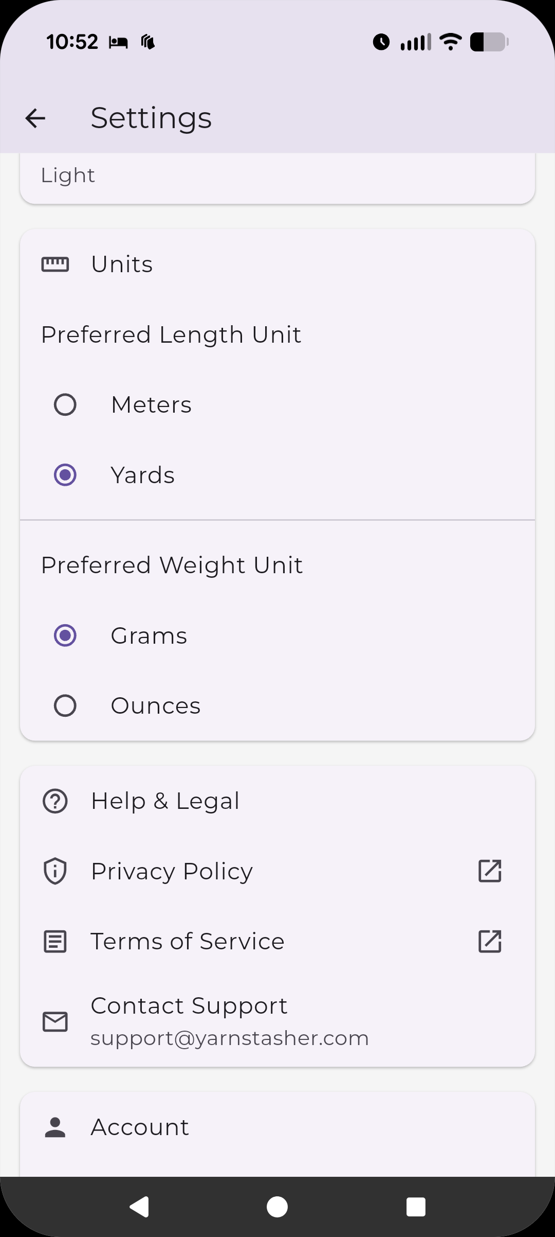 Settings screen