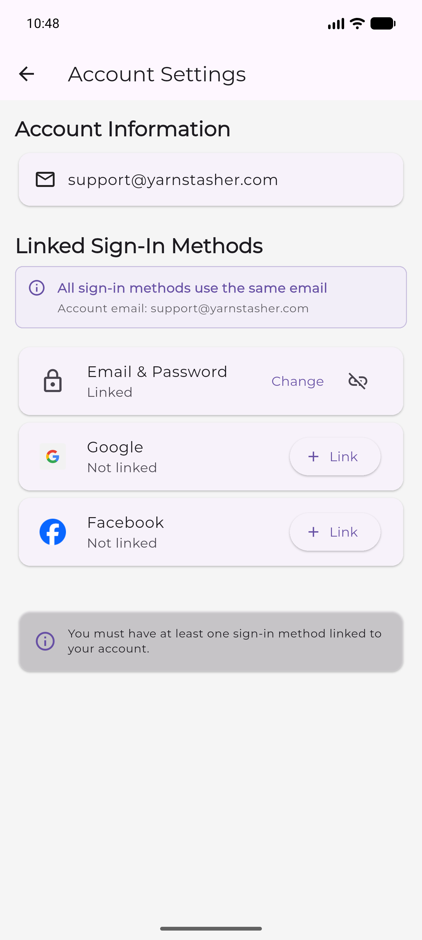 Account Settings with linked sign-in methods