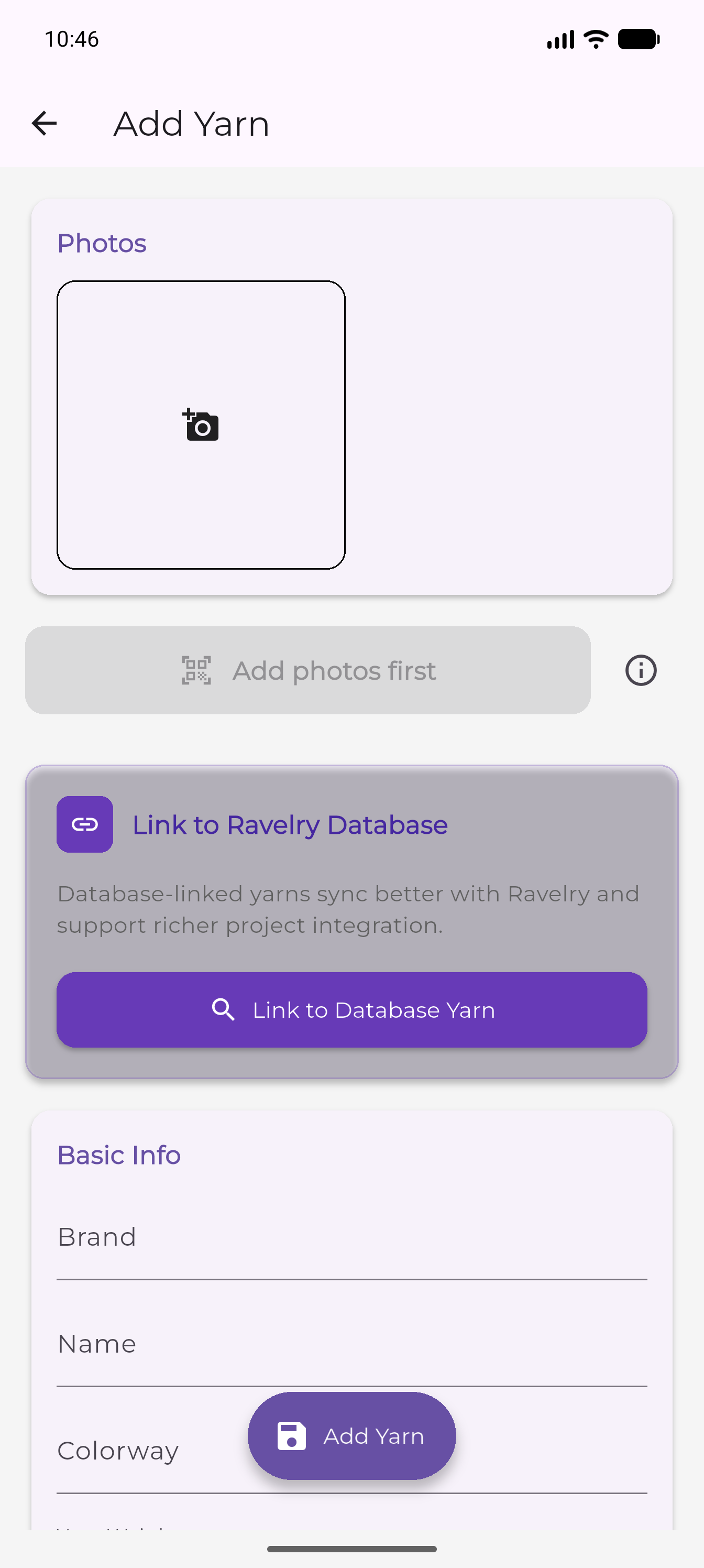 Add Yarn form with photos, Smart Scan, and save button