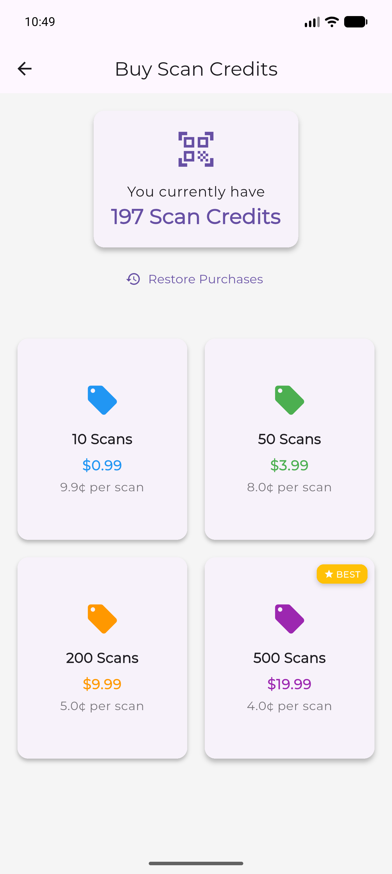 Buy Scan Credits packs