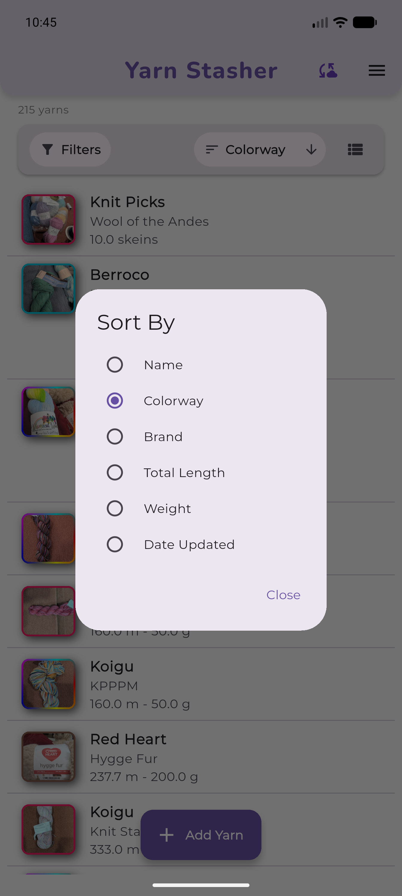 Sort By dialog over the stash list