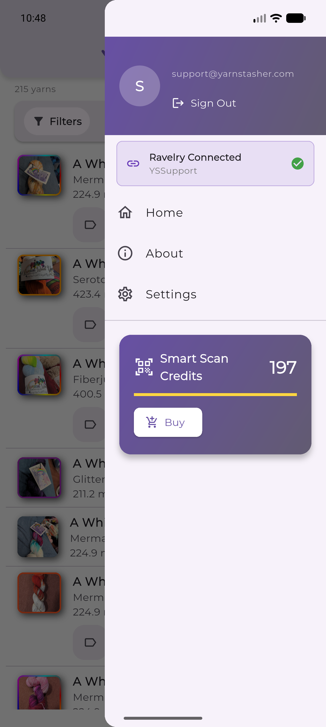 Open menu with credits, Settings, About, and Buy