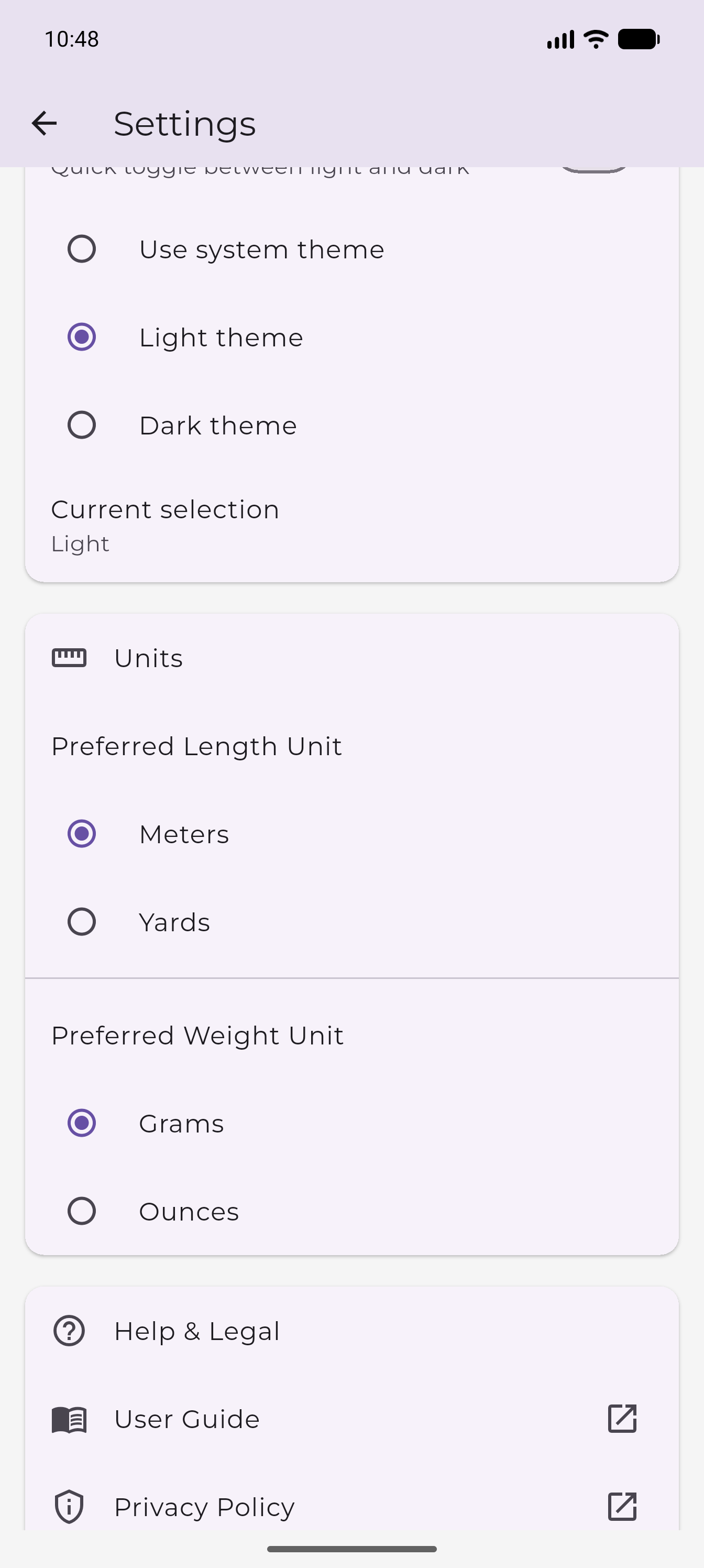 Settings Units, Help and Legal