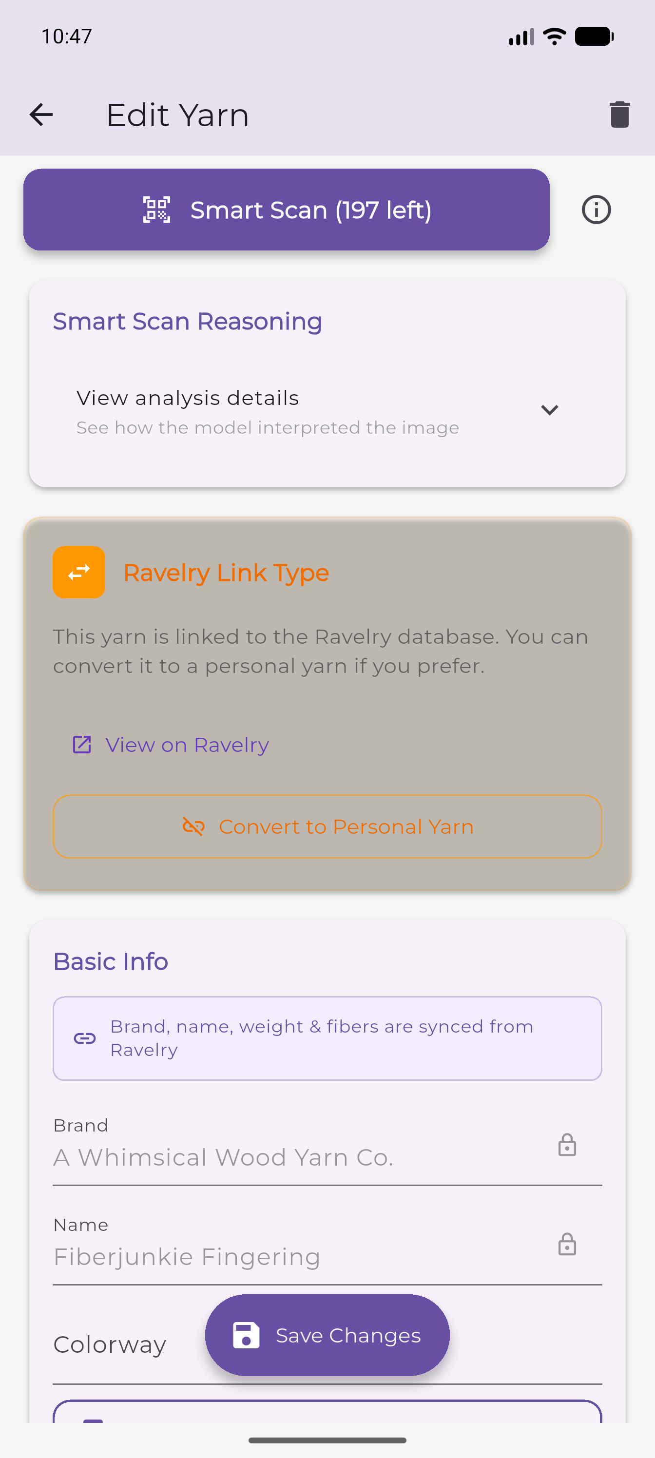 Yarn form after Smart Scan, with reasoning card and save button