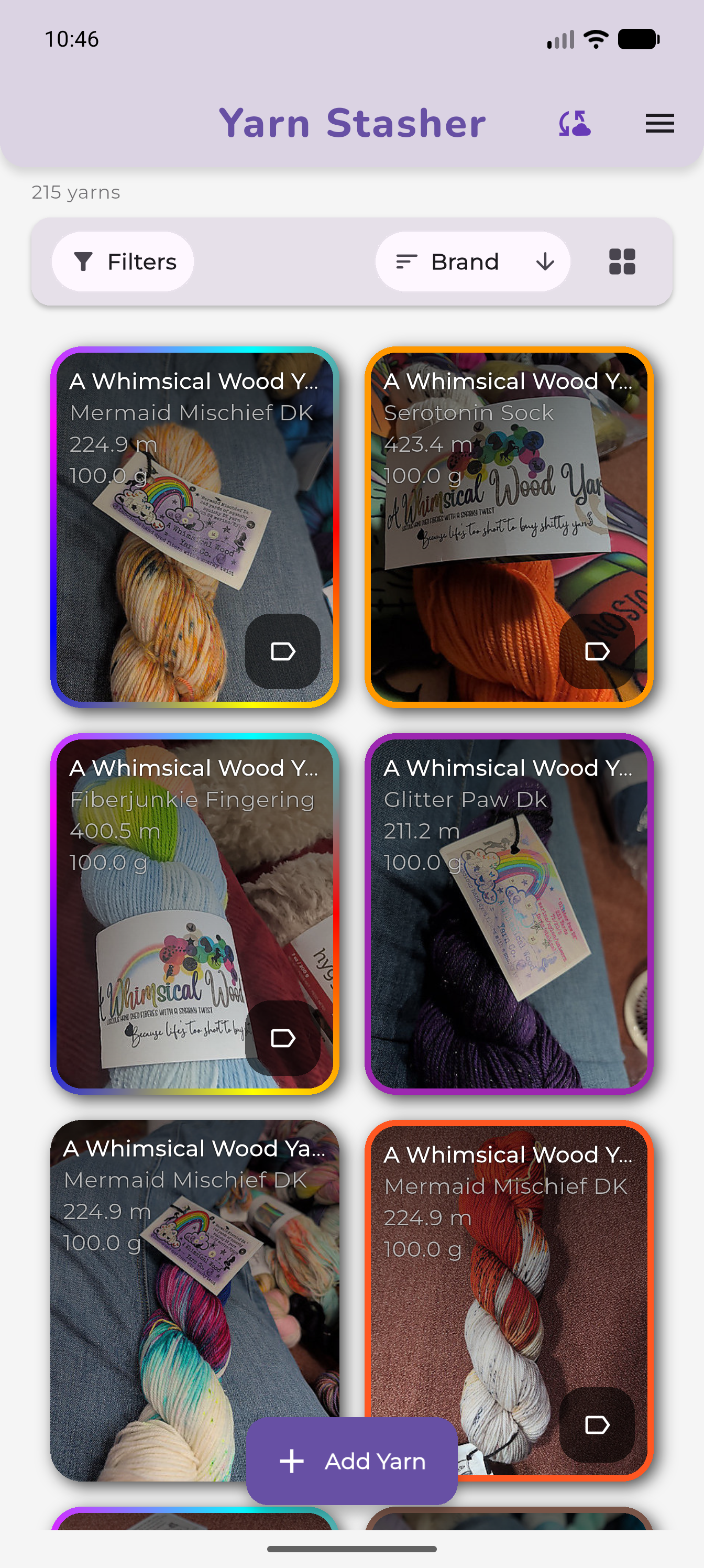 Stash grid with Filters, sort, menu, and Add Yarn