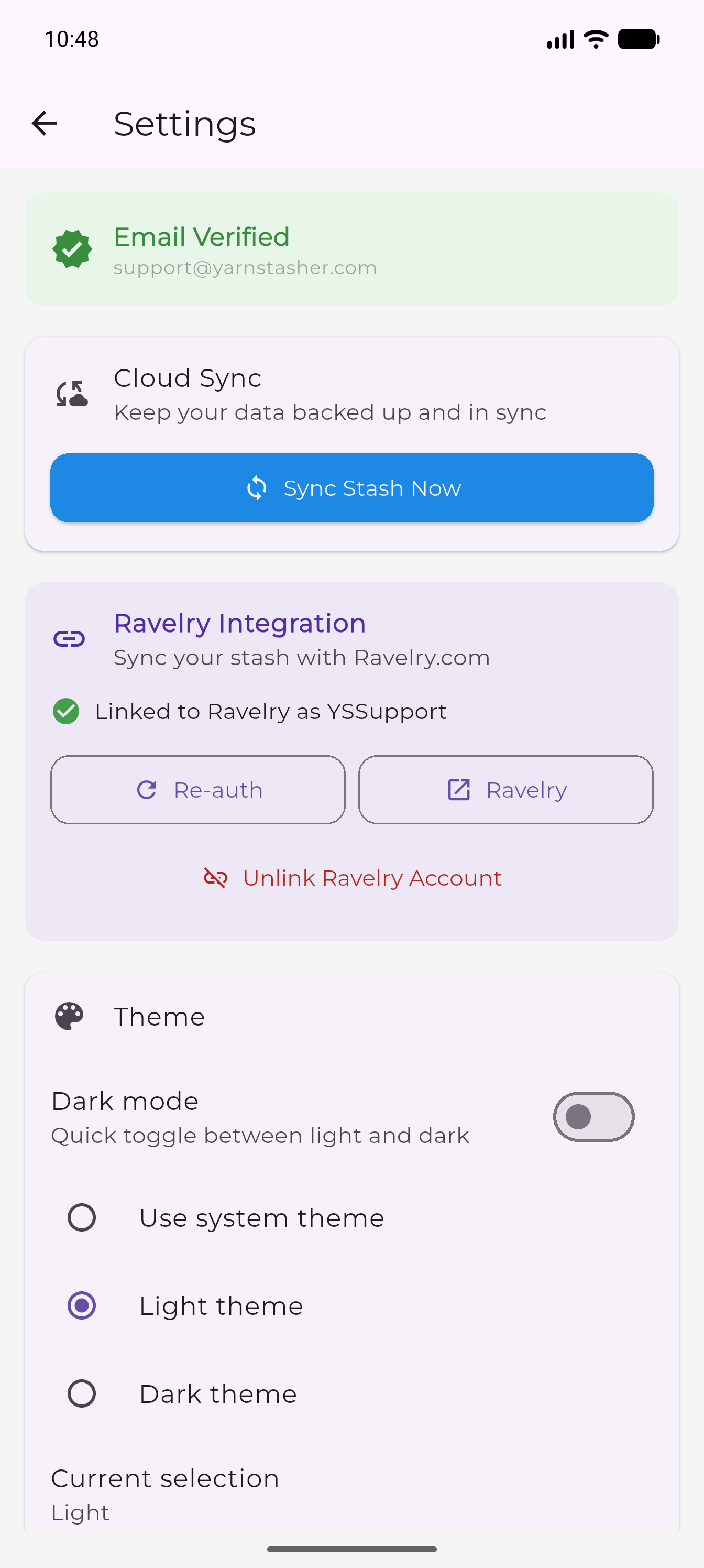 Settings Ravelry Integration card with Sync Now and Unlink