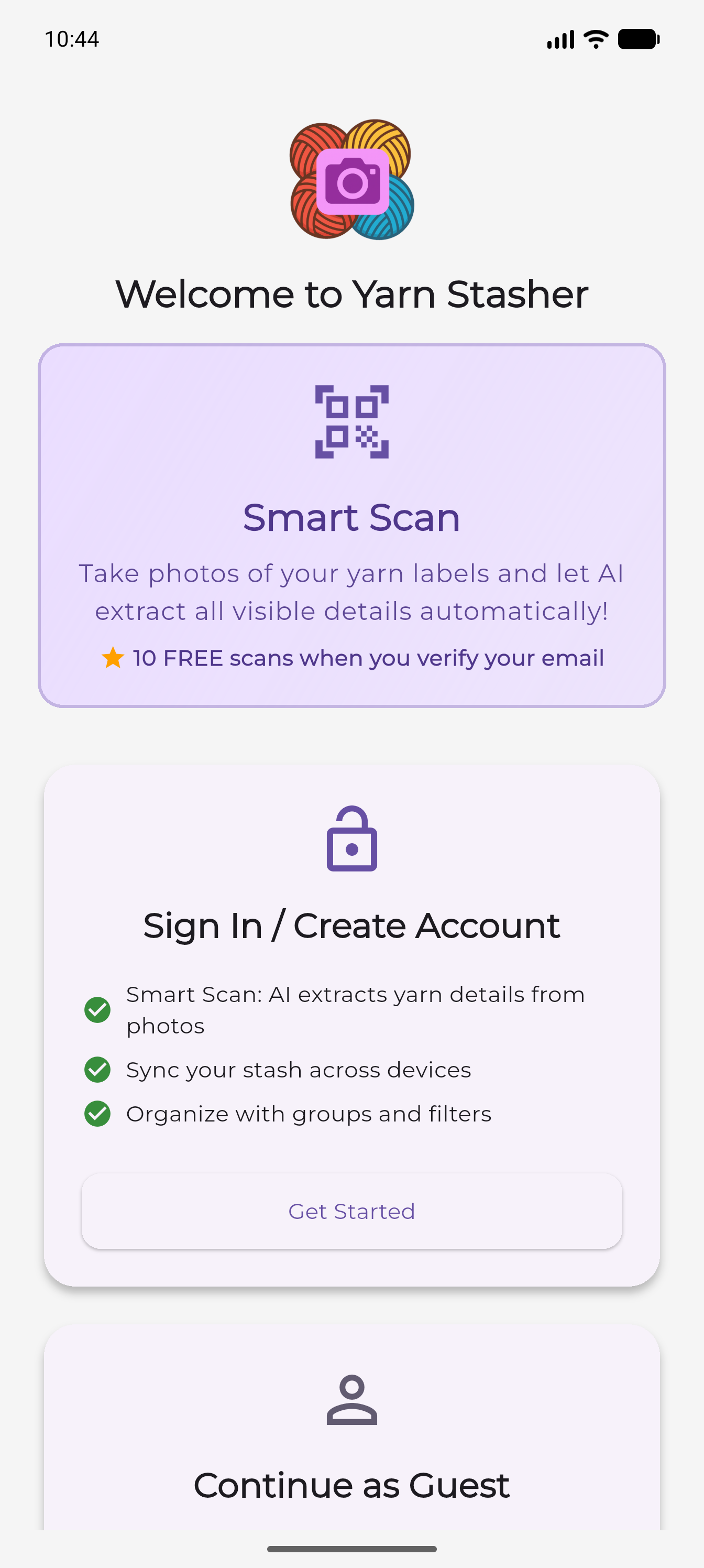 Welcome screen with Get Started