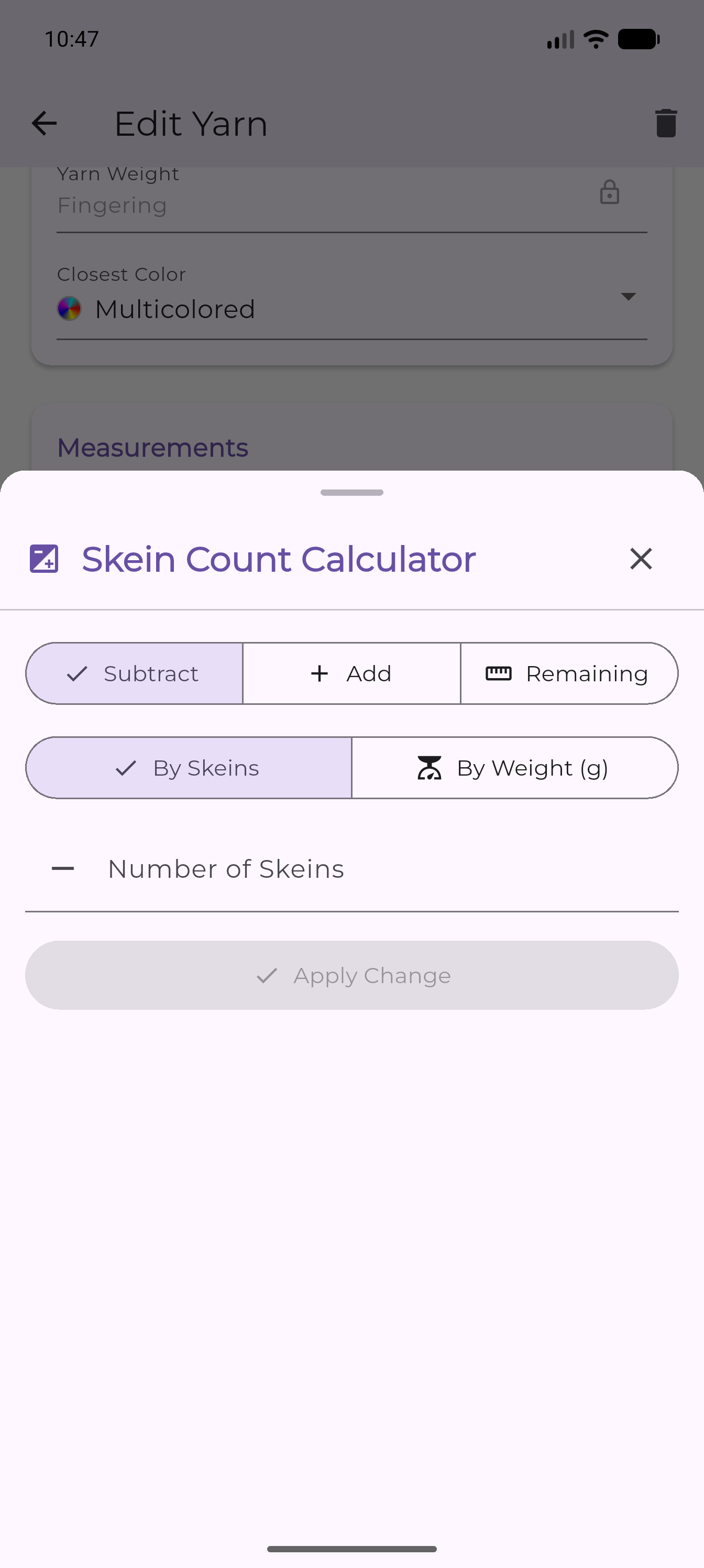 Skein Count Calculator sheet with Subtract, Add, and Remaining