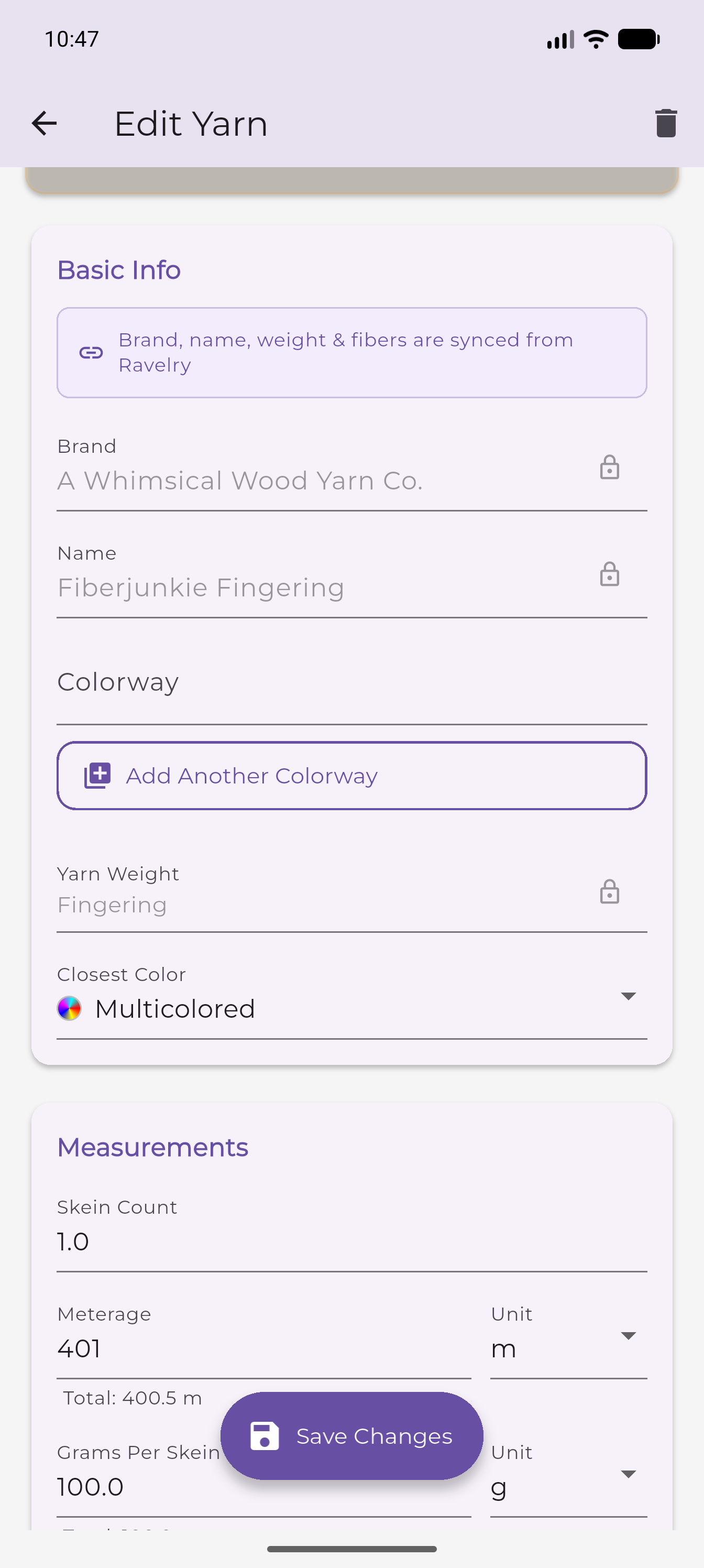 Yarn form Basic Info and measurement fields